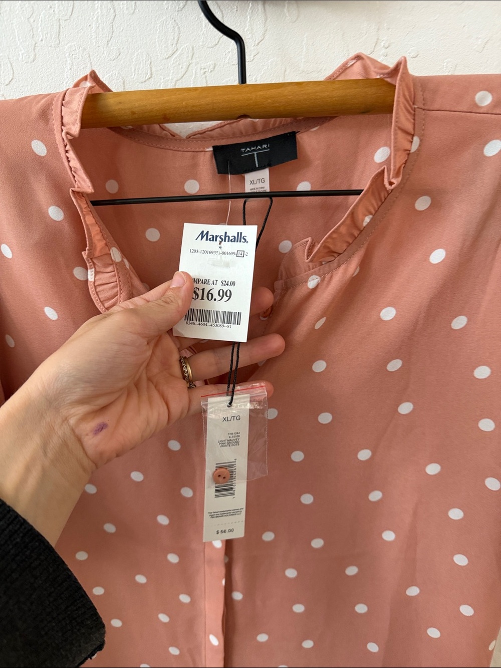 Tahari Pink Polka Dot Button Down Blouse XL NWT - Picture 3 of 3